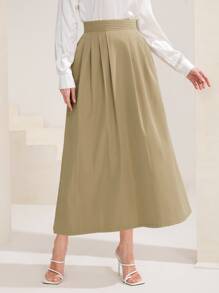 Mulvari Solid High Waist A-line Skirt - Khaki - View 1