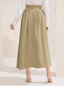 Mulvari Solid High Waist A-line Skirt - Khaki - View 2