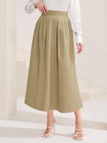 Mulvari Solid High Waist A-line Skirt - Khaki - View 3