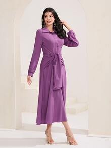 Mulvari Solid Knot Front Shirt Dress - Purple - View 5