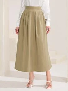Mulvari Solid High Waist A-line Skirt - Khaki - View 4