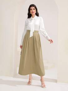 Mulvari Solid High Waist A-line Skirt - Khaki - View 5