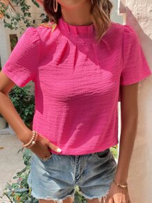 Solid Mock Neck Blouse - Hot Pink - View 4