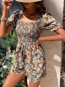 SHEIN VCAY 滿版印花泡泡袖腰帶連身短褲 - 彩色 - 查看 4