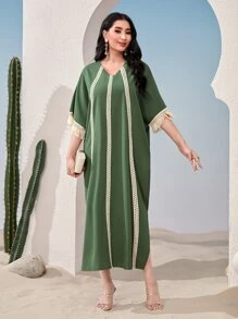 Al Najma 蕾絲拼接蝙蝠袖土耳其長袍 - 綠色 - 查看 1