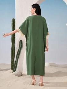 Al Najma 蕾絲拼接蝙蝠袖土耳其長袍 - 綠色 - 查看 2