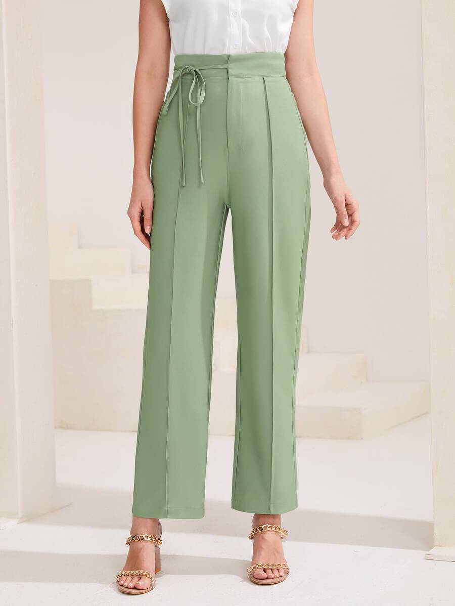 Modelyn Solid Seam Detail Knot Side Trousers - Green - View 1
