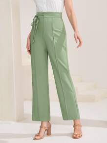 Modelyn Solid Seam Detail Knot Side Trousers - Green - View 3
