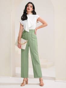 Modelyn Solid Seam Detail Knot Side Trousers - Green - View 6