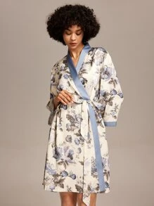 LUVLETTE Bata de baño de satén con estampado floral y de flores para mujer con corbata, pijama de dama de honor, bata de baño, camisón, lencería y pijama para mujer - Azul y blanco - Ver 8