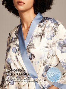 LUVLETTE Bata de baño de satén con estampado floral y de flores para mujer con corbata, pijama de dama de honor, bata de baño, camisón, lencería y pijama para mujer - Azul y blanco - Ver 3