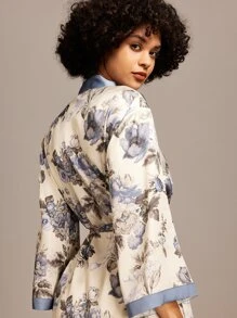 LUVLETTE Bata de baño de satén con estampado floral y de flores para mujer con corbata, pijama de dama de honor, bata de baño, camisón, lencería y pijama para mujer - Azul y blanco - Ver 4