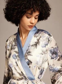 LUVLETTE Bata de baño de satén con estampado floral y de flores para mujer con corbata, pijama de dama de honor, bata de baño, camisón, lencería y pijama para mujer - Azul y blanco - Ver 5