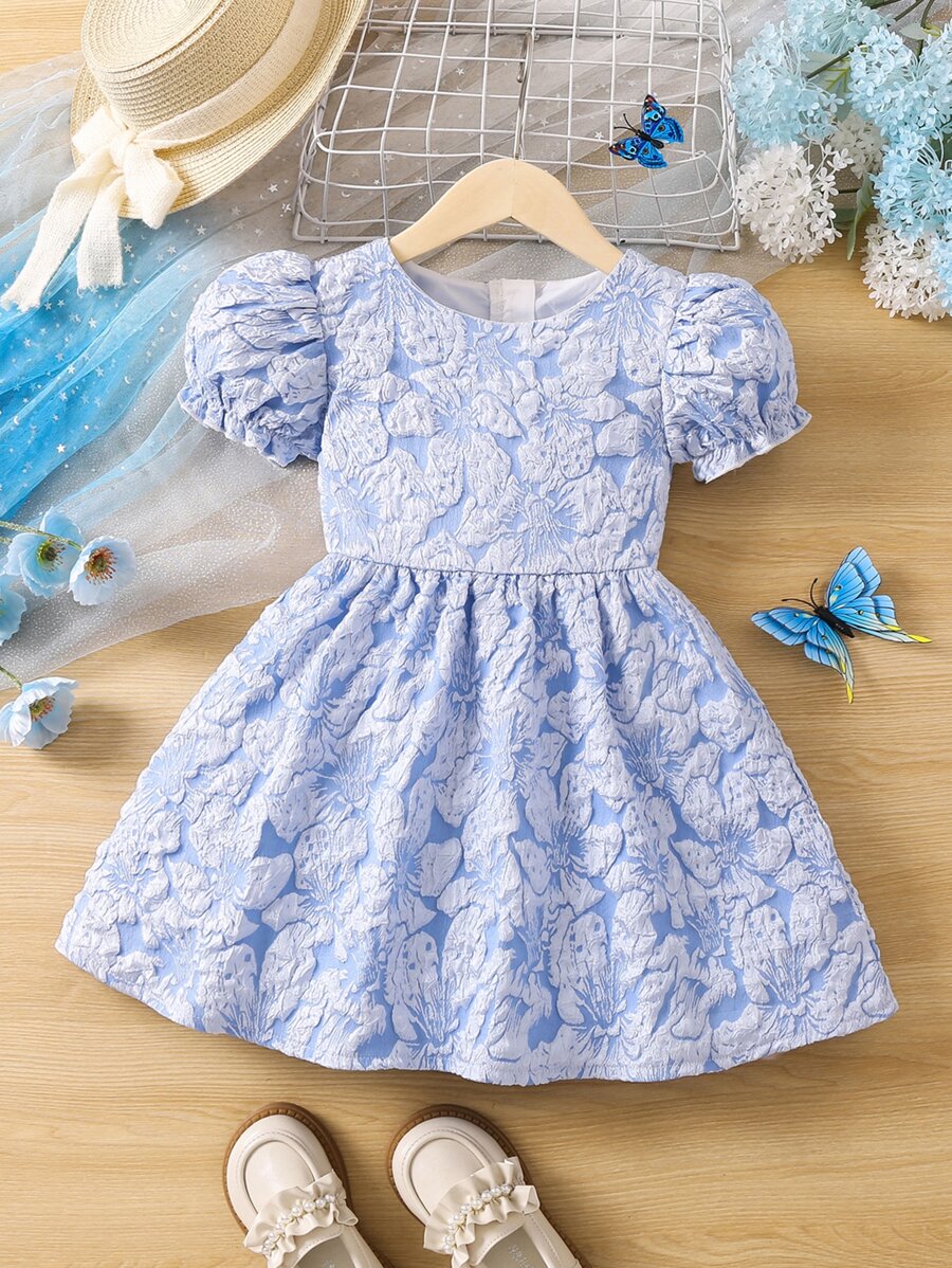 小女童提花泡泡袖後拉鏈連衣裙 - 淺藍色 - 查看 1