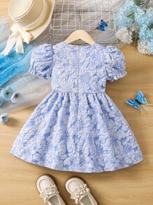 小女童提花泡泡袖後拉鏈連衣裙 - 淺藍色 - 查看 2