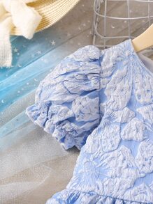 小女童提花泡泡袖後拉鏈連衣裙 - 淺藍色 - 查看 4