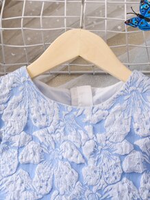 小女童提花泡泡袖後拉鏈連衣裙 - 淺藍色 - 查看 5