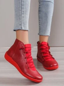 女式運動型紅色滑板鞋縫線細節繫帶運動鞋 - 紅色 - 查看 1