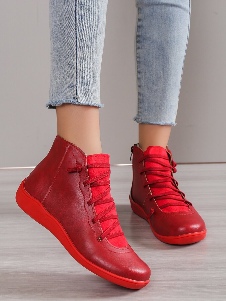 女式運動型紅色滑板鞋縫線細節繫帶運動鞋 - 紅色 - 查看 1