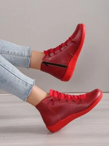 女式運動型紅色滑板鞋縫線細節繫帶運動鞋 - 紅色 - 查看 2