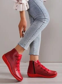 女式運動型紅色滑板鞋縫線細節繫帶運動鞋 - 紅色 - 查看 3