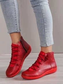 女式運動型紅色滑板鞋縫線細節繫帶運動鞋 - 紅色 - 查看 4