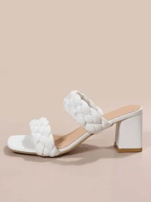 Damen Sommer Geflecht-Slides mit dickem Absatz, Slip-On Sandalen