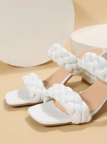 Damen Sommer Geflecht-Slides mit dickem Absatz, Slip-On Sandalen