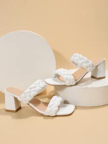 Damen Sommer Geflecht-Slides mit dickem Absatz, Slip-On Sandalen