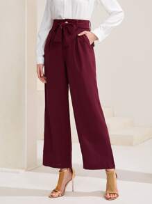Mulvari Solid Slant Pocket Belted Wide Leg Trousers - Burgundy - View 1