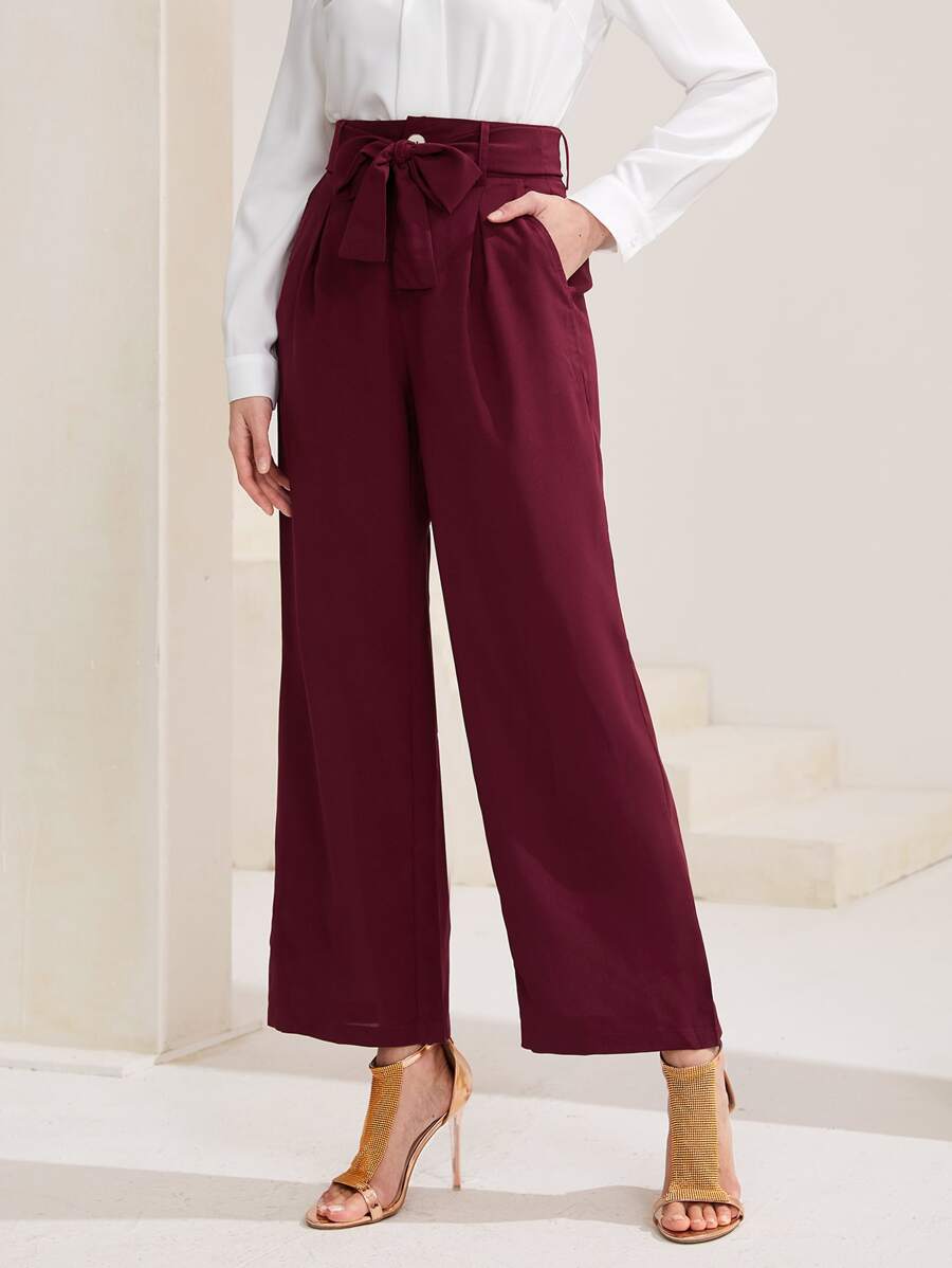 Mulvari Solid Slant Pocket Belted Wide Leg Trousers - Burgundy - View 1