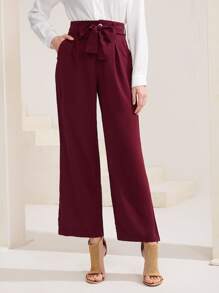 Mulvari Solid Slant Pocket Belted Wide Leg Trousers - Burgundy - View 5