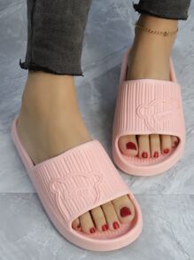 學院拖鞋適用於女士質感紋理壓花卡通熊圖案單帶拖鞋 - 藕粉色 - 查看 2