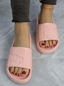 學院拖鞋適用於女士質感紋理壓花卡通熊圖案單帶拖鞋 - 藕粉色 - 查看 3