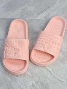 學院拖鞋適用於女士質感紋理壓花卡通熊圖案單帶拖鞋 - 藕粉色 - 查看 4