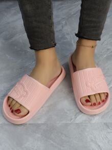 學院拖鞋適用於女士質感紋理壓花卡通熊圖案單帶拖鞋 - 藕粉色 - 查看 6