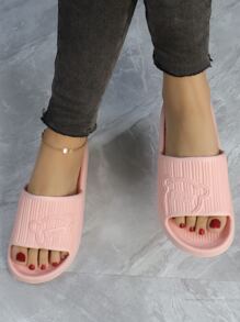 學院拖鞋適用於女士質感紋理壓花卡通熊圖案單帶拖鞋 - 藕粉色 - 查看 7