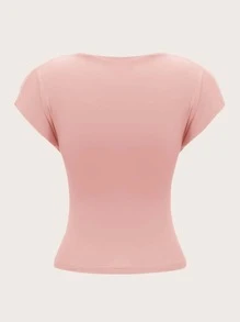 SHEIN MOD Camiseta unicolor de espalda abierta de manga murciélago - Rosa Pálido - Ver 2