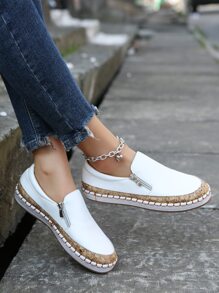 Women's Casual, Soft And Comfortable, Classic And Fashionable, Two-Tone Side Zipper, Double Zipper, Slip-On, Flat Sneakers/White Shoes - White - View 2