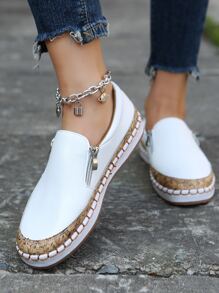 Women's Casual, Soft And Comfortable, Classic And Fashionable, Two-Tone Side Zipper, Double Zipper, Slip-On, Flat Sneakers/White Shoes - White - View 3