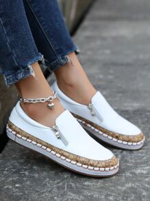 Women's Casual, Soft And Comfortable, Classic And Fashionable, Two-Tone Side Zipper, Double Zipper, Slip-On, Flat Sneakers/White Shoes - White - View 4