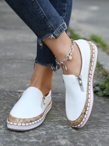 Women's Casual, Soft And Comfortable, Classic And Fashionable, Two-Tone Side Zipper, Double Zipper, Slip-On, Flat Sneakers/White Shoes - White - View 5
