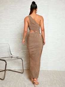 SHEIN BAE One Shoulder Cut Out Waist Bodycon Dress - Mocha Brown - View 2
