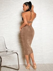 SHEIN BAE 扭結露背繞頸緊身連衣裙 - 摩卡棕 - 查看 2