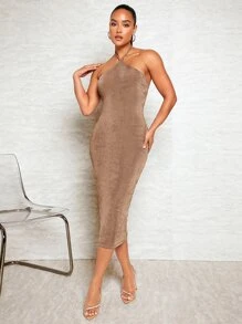 SHEIN BAE 扭結露背繞頸緊身連衣裙 - 摩卡棕 - 查看 1