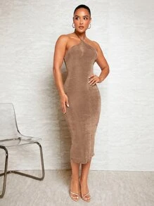 SHEIN BAE 扭結露背繞頸緊身連衣裙 - 摩卡棕 - 查看 3