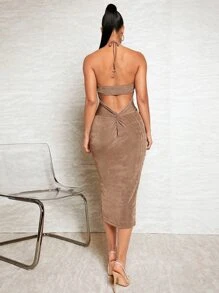 SHEIN BAE 扭結露背繞頸緊身連衣裙 - 摩卡棕 - 查看 5