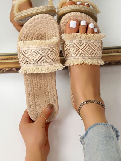 Damen Slides mit geometrischem Muster, Stoff Ferien Slides