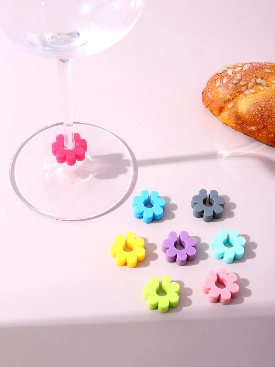 8pcs/set Silicone Glass Marker, Creative Flower Design Wine Glass Marker For Party, Bar
