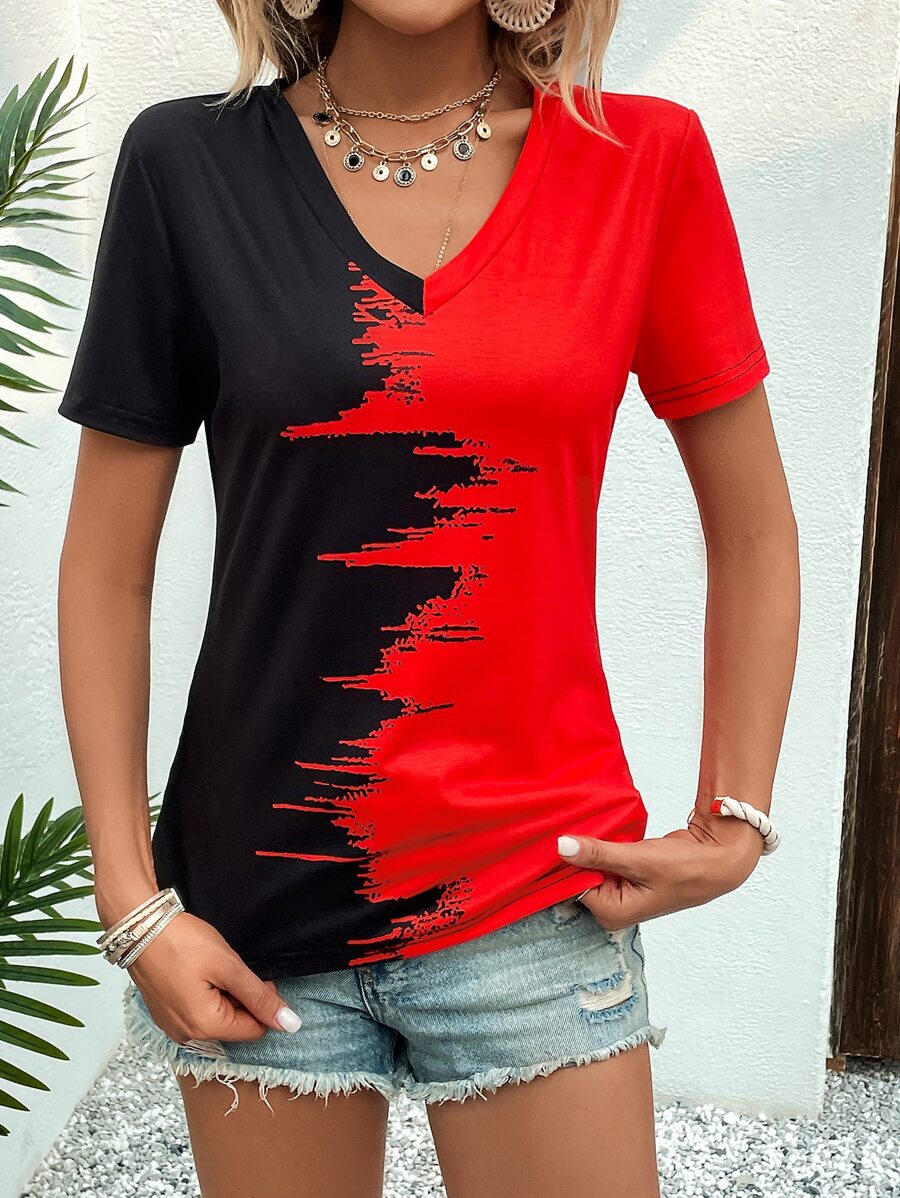 SHEIN LUNE Two Tone V Neck Tee - Red - View 1